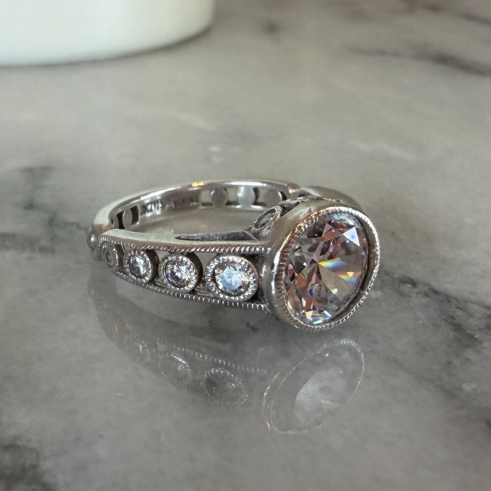 Vintage Jean Dousset Heirloom 925 CZ Engagement Ring Mill-grain Details Sz 5.25